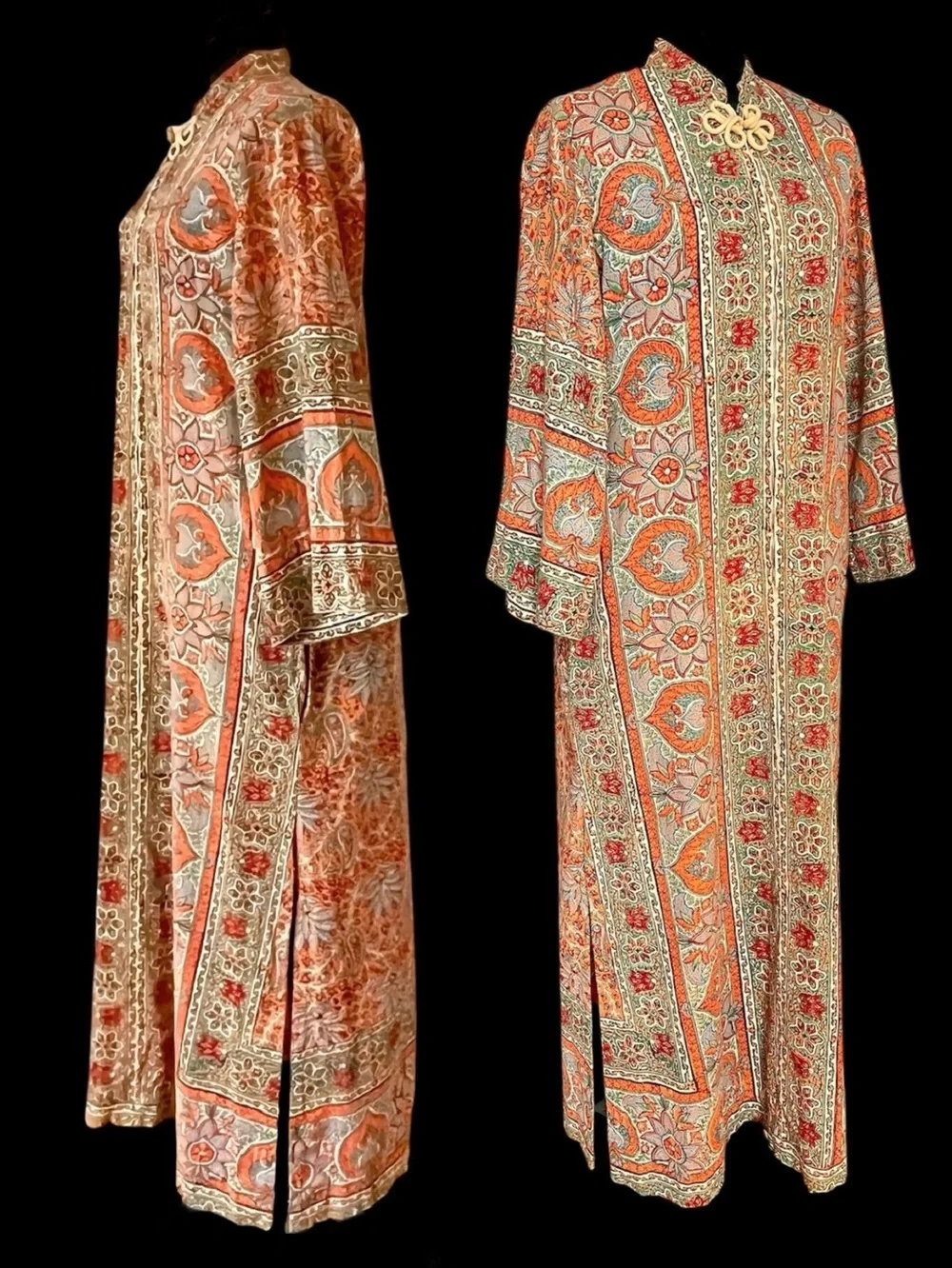 Vintage Maxi Caftan Robe Cotton Paisley Block Print 1970s Boho Hippie Kaftan - Picture 3 of 12